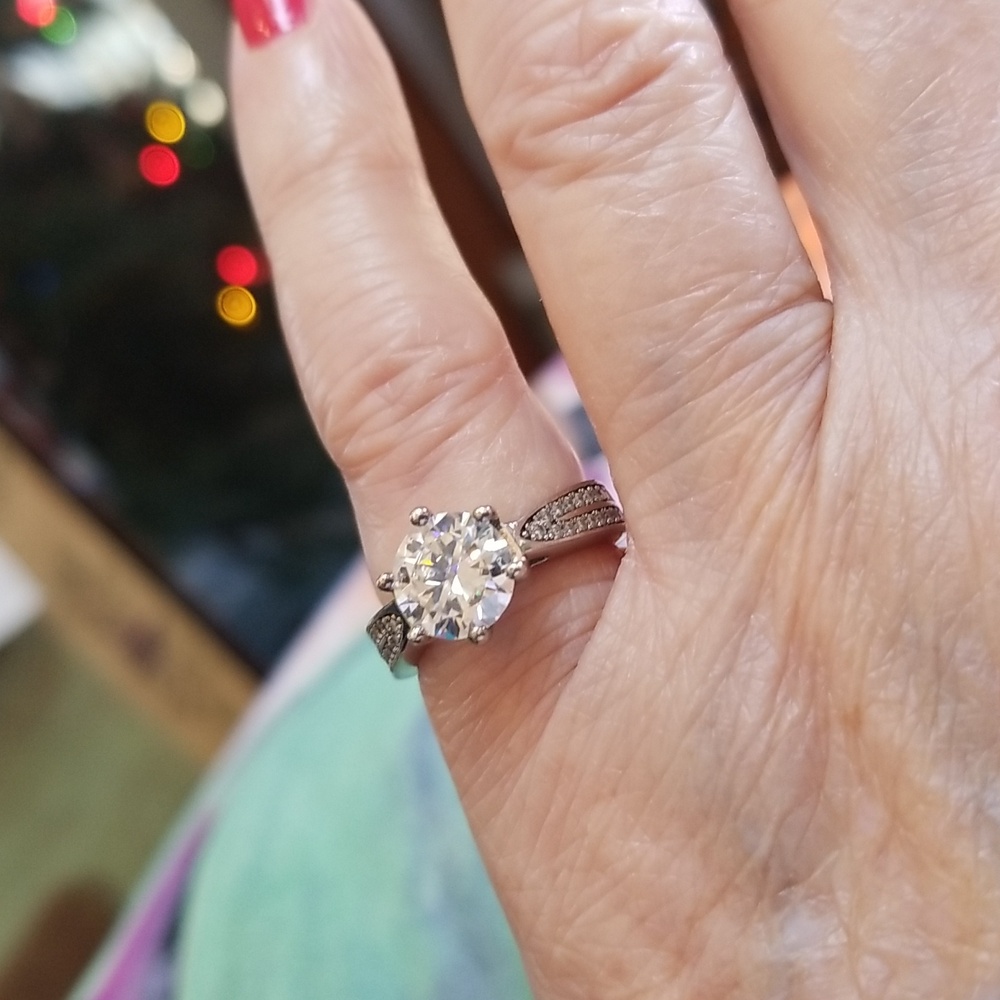 Classic Silver Solitaire Moissanite Ring Pav Acce… - image 2